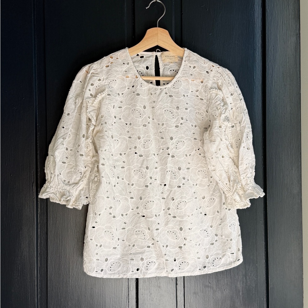 Sezane Cream Eyelet Puff-Sleeve Blouse